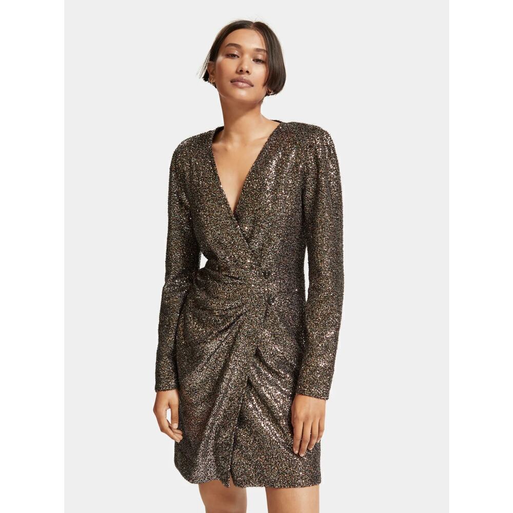 Scotch & Soda Dance All Night Sparkle Wrap Mini Dress Mixed Metal Sequin 36 / S
